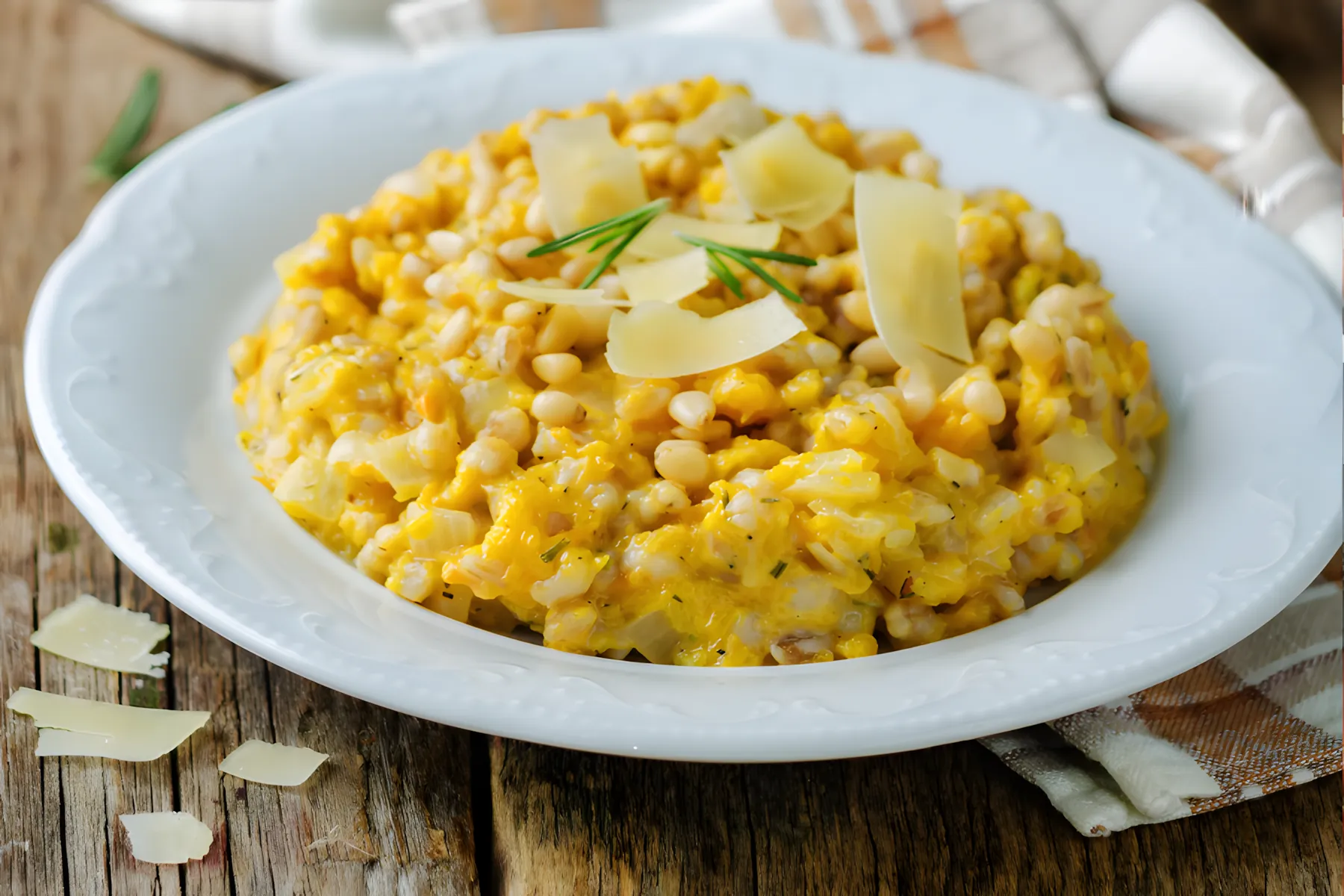 Neem muskaatpompoen en zilvervliesrijst en maak een erg lekkere risotto met noten. Vergeet op het einde geen kaas toe te voegen